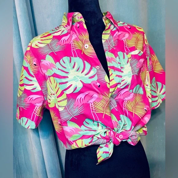 Massive Flamingo Hawaiian Shirt Size Small Pink Green Bright Button Up - Picture 10 of 13